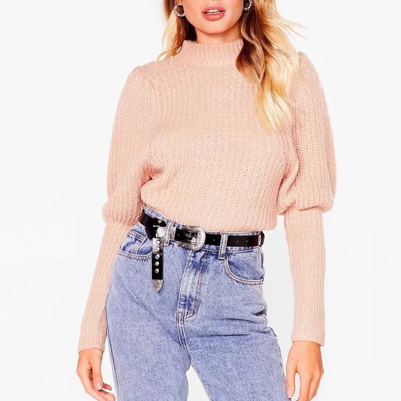 Nasty Gal Dusty Rose Pink Puff Sleeve Knit Sweater Medium - Picture 2 of 8